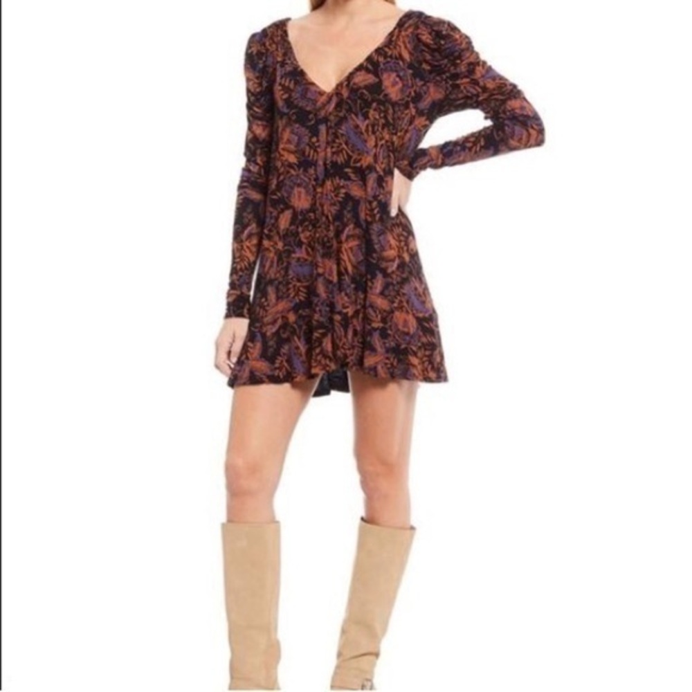 Free People 🧡💜Hello Lover Mini Dress in Black w/ Purple & Orange Floral, Small